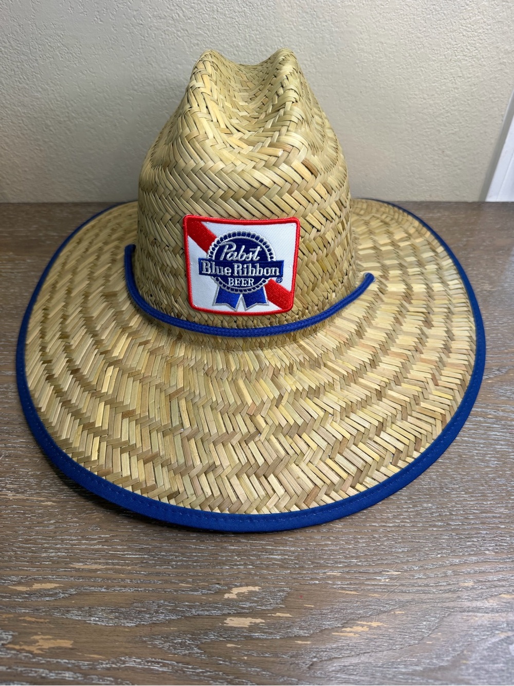 Pabst Blue Ribbon Straw Hat with Blue Trim